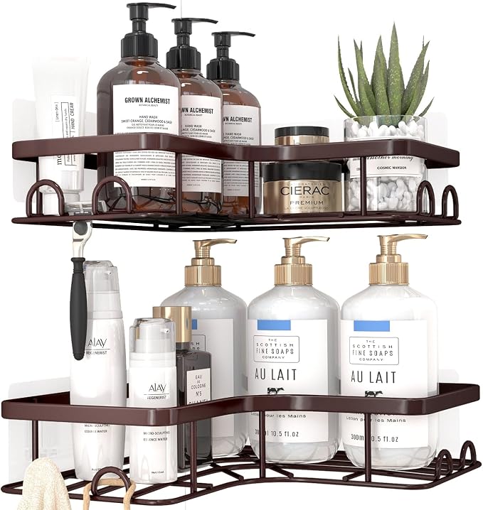 Sakugi Corner Shower Caddy - 2 Pack, Adhesive Shower Organizers, Rustproof Stainless Steel Shower Shelves with 8 Hooks, No Drilling Bathroom Organizers and Storage Racks, Space-Saving, Brown, Medium - Image 3