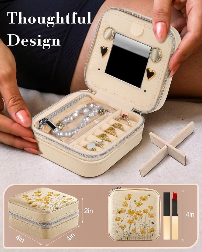 Bistup Travel Jewelry Case - Small Jewelry Organizers and Storage Box for Women Girls Teens Cute Traveling Jewelry Holder with Mirror Little Tiny Compact Yellow Flower Pretty Modern Unique Aesthetic - Image 2
