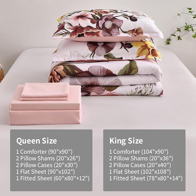 Luxudecor Floral Comforter Set King Size 7 Piece, Blush Flower Bed in a Bag, Elegant Floral Comforter with Sheet Set, Soft Microfiber Bedding Set for All Season (Blush, 104"x90")