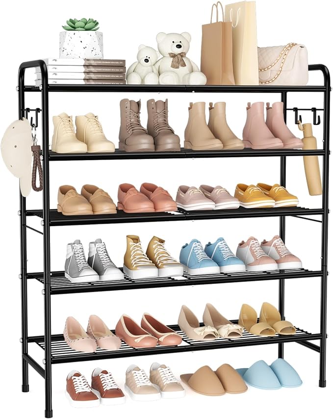 VILICK 5 Tier Shoe Rack 33" Wide Metal Shoe Organizer Long Shoe Storage with 4 Side Hooks Sturdy Shoes Shelf for Closet, Front Door Entrance, Garage, Dorm, Black - Image 9