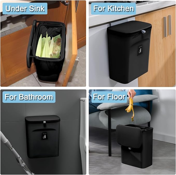 Tiyafuro 2.4 Gallon Kitchen Compost Bin for Counter Top or Under Sink, Hanging Small Trash Can with Lid for Cupboard/Bathroom/Bedroom/Office/Camping, Mountable Indoor Compost Bucket, Black - Image 6