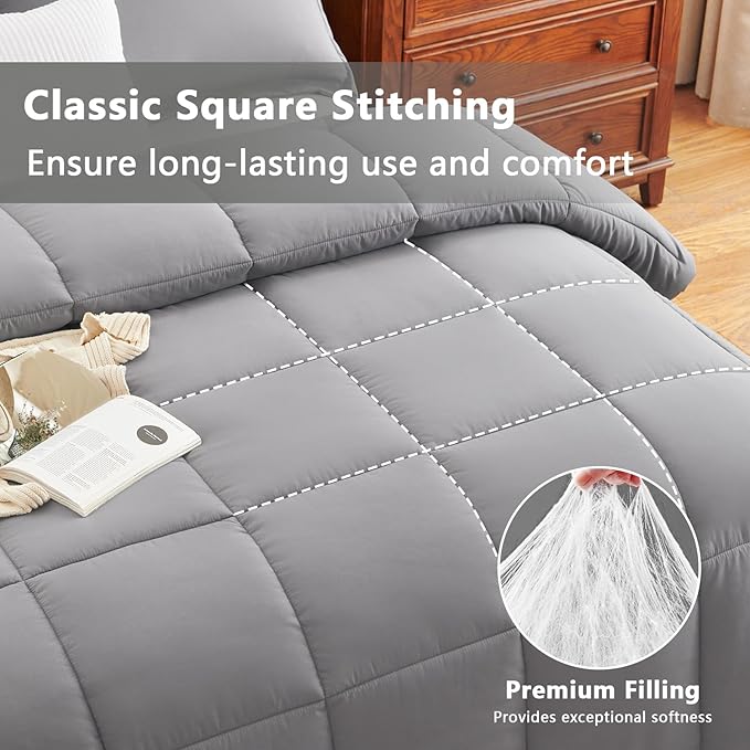 CozyLux Full Size Comforter Sets - Grey Comforter Full Size, 3 Pieces Box Stitched Bed Set for All Seasons, Soft Lightweight Bedding Sets with 1 Down Alternative Comforter and 2 Pillow Shams