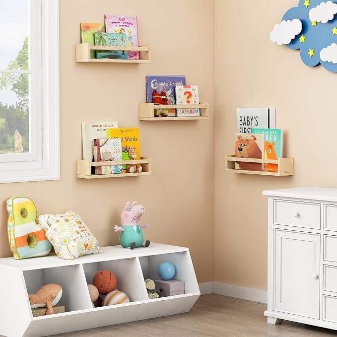 Forbena Natural Wood Nursery Book Shelves Wall Mounted, Floating Bookshelf for Kids Room, Toys and Books Storage Organizer Bookshelves for Toddler Child Bedroom Bathroom (4 Pack Natural Wood) - Image 2