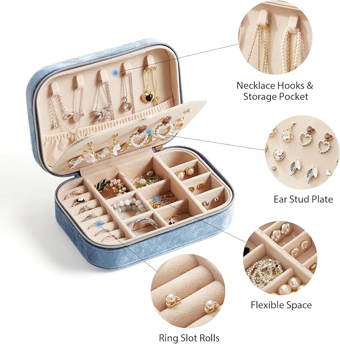 CASEGRACE Plush Velvet Travel Jewelry Box, Portable Jewelry Case for Women Girls, Double Layer Jewelry Organizer Display Box for Necklace Earring Rings Bracelet, Travel Accessory Gifts, blue - Image 4