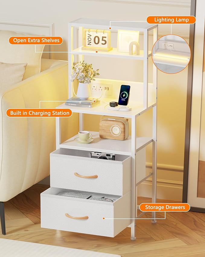 Furnulem Night Stand, Tall White Nightstand with 4-Tier Shelves, 2 PU Fabric Drawers and Light Tube, Bed Side Tables with Charging Station, Bedside Table for Bedroom