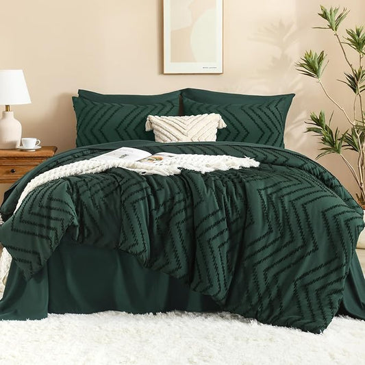 Litanika King Size Comforter Set with Sheets Dark Emerald Green - 7 Pieces Bed in a Bag King Chevron Tufted Complete Bedding Sets with Comforter, Sheets, Pillowcases & Shams