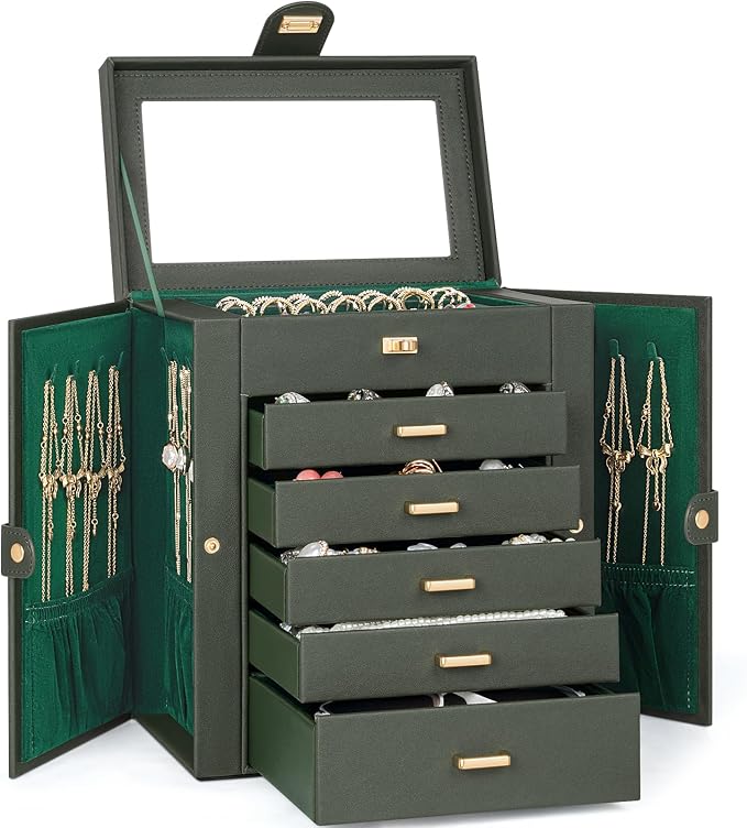AKOZLIN 6-Tier Jewelry Box Organizer Functional 5 Drawers Leather Jewelry Storage Case for Women Girls Ring Necklace Earring Bracelet Holder Organizer with Mirror Dark Green - Image 7