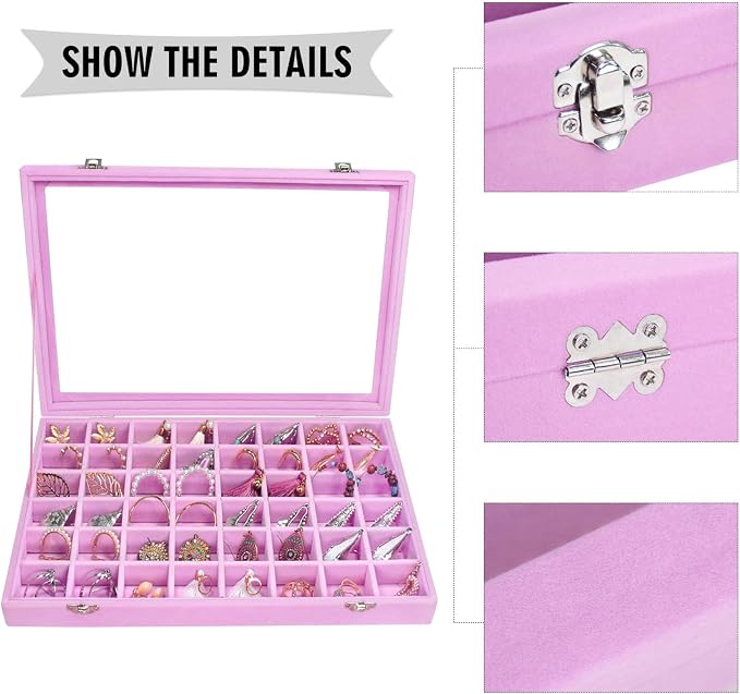 Siveit Velvet Jewelry Tray 48 Grid Jewelry Display Tray Organizer Box with Transparent Lid Rings Earrings Necklaces Pendants Display Box Suitable for Women and Girls (Pink) - Image 4