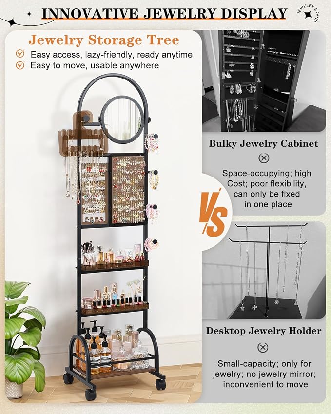 Mirror Jewelry Cabinet Standing, Jewelry Organizer and Storage with Jewelry Mirror, Jewelry Armoire with Earring Organizer Necklace Holder Bracelet Display, Large Tall Stand Up Jewelry Box Stand Tree - Image 6