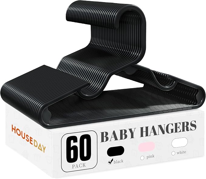 HOUSE DAY Plastic Baby Hangers for Closet 60 Pack, Durable Plastic Kids Hangers for Baby Clothes, Thin & Compact Childrens Hangers, Space Saving Black Baby Hanger, Small Hanger for Kids Clothes by HOUSEDAY