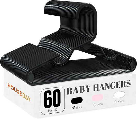 HOUSE DAY Plastic Baby Hangers for Closet 60 Pack, Durable Plastic Kids Hangers for Baby Clothes, Thin & Compact Childrens Hangers, Space Saving Black Baby Hanger, Small Hanger for Kids Clothes by HOUSEDAY