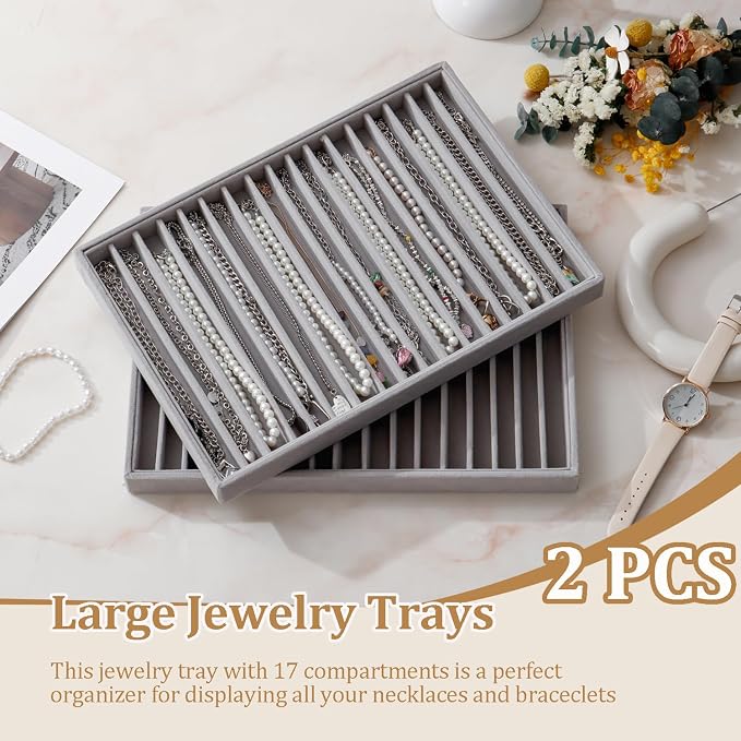 Large Velvet Jewelry Tray 2 Pack Stackable Jewelry Display Drawer Inserts Trays Organizer for Earring Bracelet Necklace Ring (Gray, 16 Grids) - Image 2