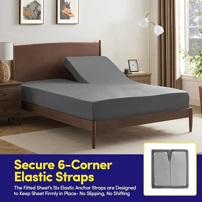 Split Head King Sheets Set for Adjustable Beds 4 Piece Flex Top Bed Sheets – Deep Pocket Split Top Fitted Sheet with Built-in Corner Straps, Luxury Soft Cooling Bedding, Wrinkle Resistant, Gray