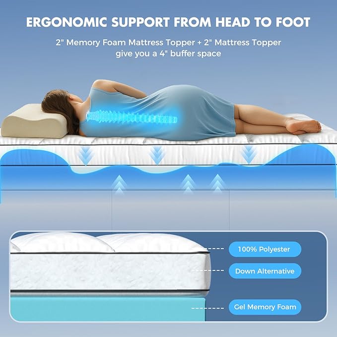 Queen Size Dual Layer 4 Inch Memory Foam Mattress Topper for Pressure Relief, 2" Breathable Pillow Top Plus 2" Cooling Gel Memory Foam Mattress Pad, 21" Elastic Pocket, Medium Support, White