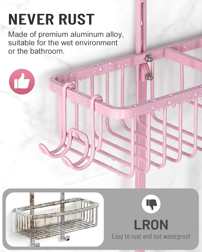 Adjustable Shower Caddy Hanging for Handheld Showerheads - Never Rust Shower Hanging Organizer, Upgraded Bathroom Shower Rack with Soap Basket, Hooks and Toothbrush Holder (Pink) - Image 6