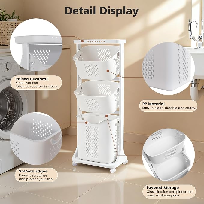 BAOKALER Rolling Laundry Hamper Cart with Wheels, 3 Tier White Laundry Baskets, Clothes Hamper with Portable Storage Baskets for Kitchens, Bathrooms, Bedrooms, Classrooms, Laundry Rooms(75L) - Image 3