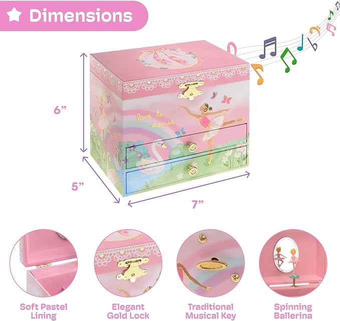 Jewelkeeper Jewelry Box for Girls - Spinning Ballerina Doll to Swan Lake Tune Music Box - Pink Jewelry Boxes for Girls with 2 Drawers - Ideal for Storing Necklaces and Bracelets - 7Lx5Hx6W Inches - Image 3