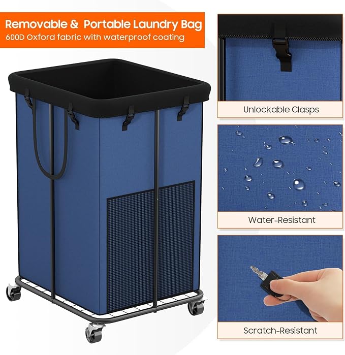 150L Laundry Hamper with Wheels, Rolling Laundry Basket with Metal Frame and Removable Bag, Large & Tall Dirty Clothes Hampers for Bedroom Aesthetic, Laundry Room, Bathroom, Dorm-Blue - Image 5
