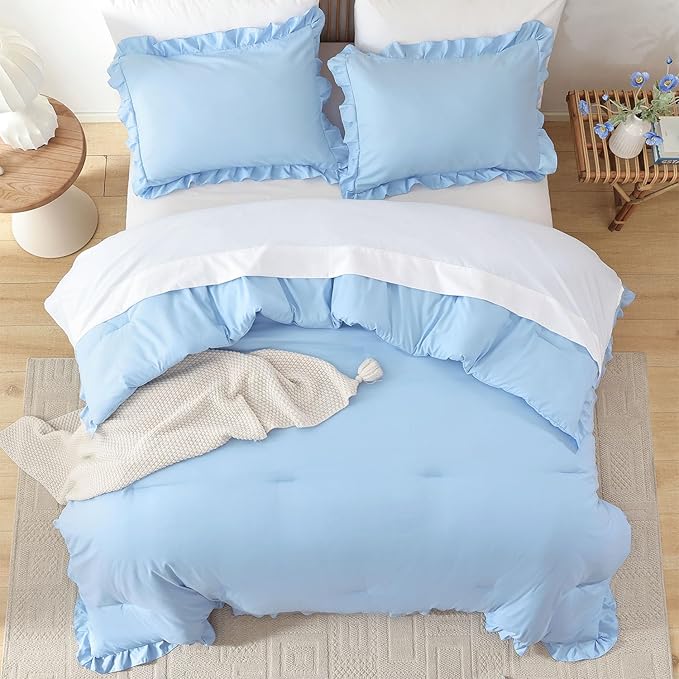 JANZAA Ruffle Light Blue Comforter Set Full Size Comforter 3PCS 1 Emerald Comforter and 2 Pillowcases Vintage Farmhouse Shabby Chic Bedding Soft Fluffy Comforter Set All Season (Light Blue, Full)