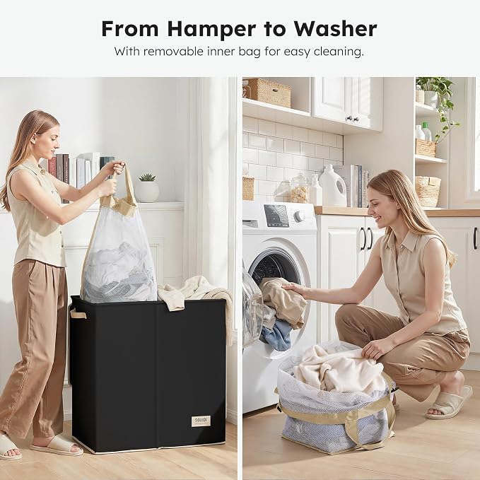 SOLEDI Large Double Laundry Hamper with Lid,165L Collapsible Clothes Hamper 2 section with Removable Bags, Space-Saving Laundry Basket for Bedroom, Dorm, College - Image 4