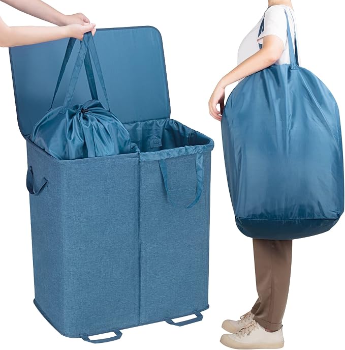 Lifewit Double Laundry Hamper with Lid and Removable Laundry Bags, Large Collapsible 2 Dividers Dirty Clothes Basket with Handles for Bedroom Laundry Room Closet Bathroom College, 136L Blue - Image 4