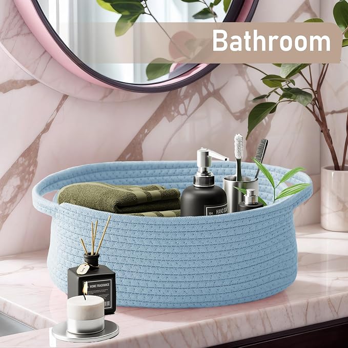 JMvicyroam Woven Basket,Small Rope Storage Bin with Handles & Ribbon Bag, Organizer for Shelves Closets,Gift Basket Empty for Birthday,Books,Dog Toys, Blue - Image 8