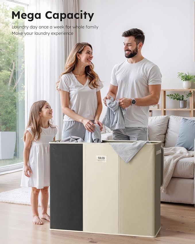 SOLEDI 180L 3-Section Laundry Hamper with Lid, Extra Large Dirty Clothes Basket with Sturdy Handles for Laundry Room & Bedroom - Durable Organizer for Sorting Laundry - Image 2