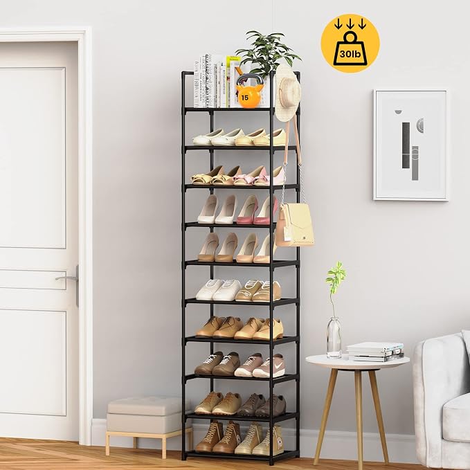 Narrow Shoe Rack 10 Tiers Tall Shoe Rack for Entryway Closet 20 24 Pairs Shoe & Boots Organizer Storage Shelf Durable Black Metal Stackable Shoe Cabinet with Hooks, 17.1D x 11.8W x 78.7H in - Image 2