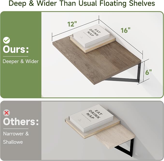 Heimlove 12 Inch Deep Floating Shelves for Wall, 16W x 12D Wide Floating Shelves Heavy Duty Wall Mounted Shelves, Wood Wall Shelves for Living Room Bedroom Bathroom Kitchen- Set of 4 - Image 3
