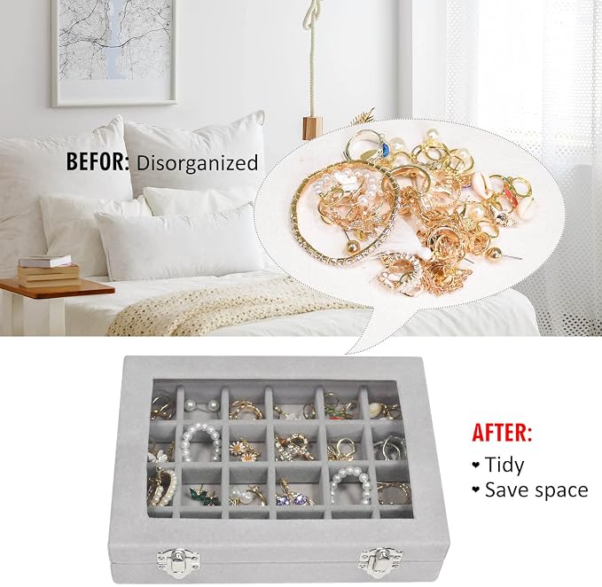 Vicoter Velvet Jewelry Box 24 Grid Jewelry Ring Display Organiser Box Tray Holder Earrings Storage Case for Girls Wife Mom Women (Gray) - Image 5