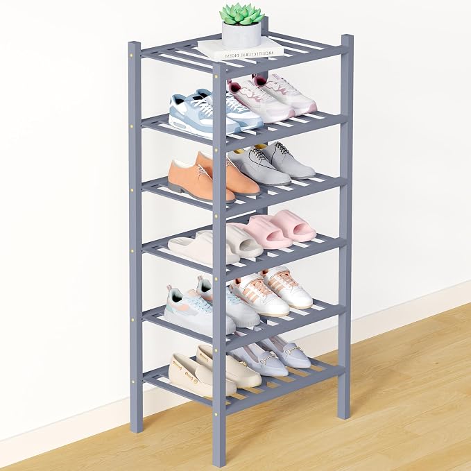 Smiry Bamboo Shoe Rack for Closet, 6 Tier Small Wooden Stackable Shoe Organizer, Free Standing Shoes Storage Shelf for Entryway, Front Door Entrance, Grey by Smiry