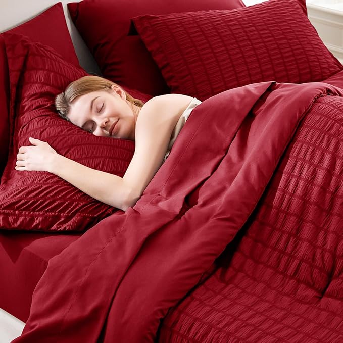CozyLux Full Size Comforter Sets with Sheets 7 Pieces, Dark Red Seersucker Bed in a Bag Textured Luxury Soft Bedding Set with Down Alternative Comforter, Sheets, Pillowcases & Shams for All Season