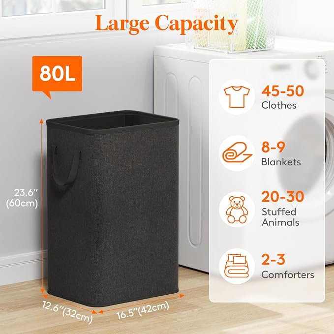 Lifewit 80L Large Tall Laundry Hamper, Collapsible Laundry Basket with Handles, Foldable Clothes Hampers for Laundry, Portable Dirty Clothes Hamper for Dorm College Bedroom Bathroom, Black - Image 2