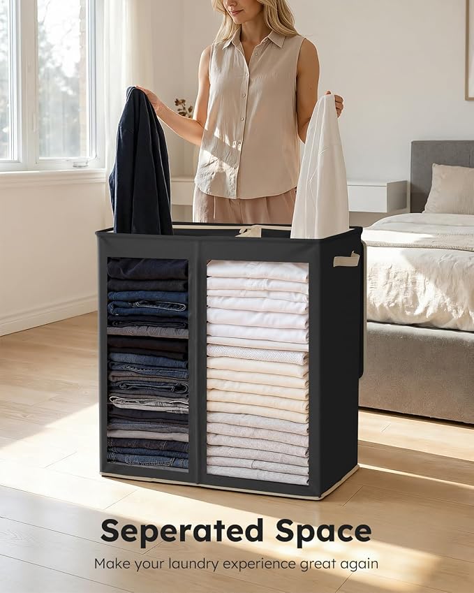 SOLEDI Large Double Laundry Hamper with Lid,165L Collapsible Clothes Hamper 2 section with Removable Bags, Space-Saving Laundry Basket for Bedroom, Dorm, College - Image 5