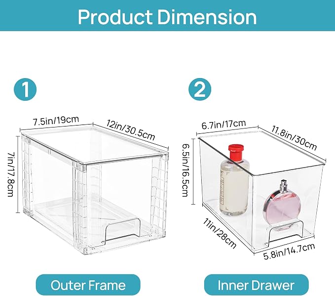 Vtopmart 2 Pack Large Stackable Storage Drawers,Clear Acrylic Drawer Organizers with Handles, Easily Assemble for Bathroom,Kitchen Undersink,Cabinet,Closet,Makeup,Pantry organization and Storage - Image 3