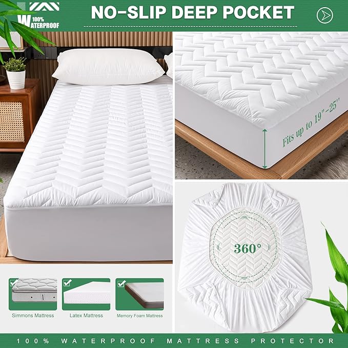 Unilibra Queen Size Waterproof Mattress Pad Rayon Made from Bamboo, Quilted Breathable Mattress Protector, 6''-25'' Deep Pocket Fitted Mattress Cover White