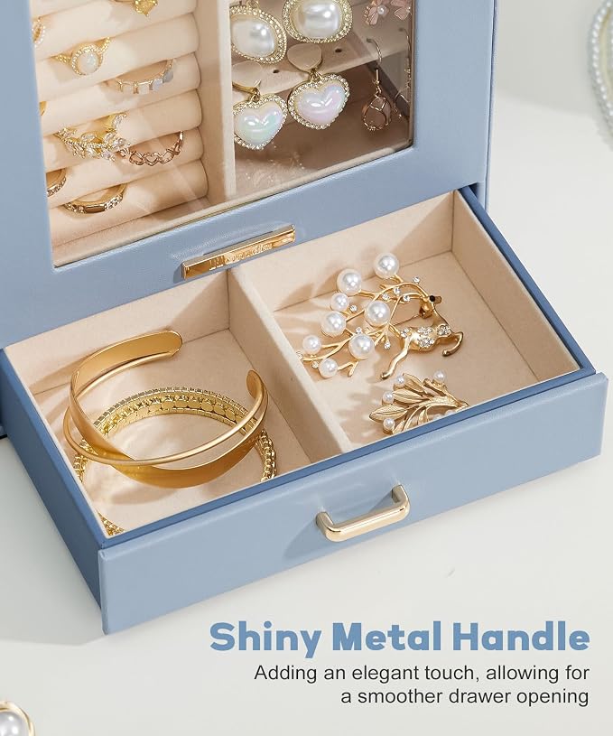 Homde Jewelry Organizer Girls Women Jewelry Box for Necklaces Rings Earrings Gift Bracelets Storage Case (Grey Blue + Gold) - Image 7