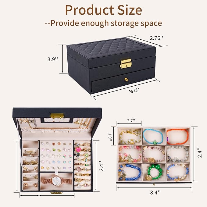 coobest Jewelry Box, 2 Layer Jewelry Organizer with Velvet Earring Organizer, Jewelry Holder Organizer Travel, White Jewelry Boxes for Women, Jewelry Boxes & Organizers for Girls, Black - Image 2