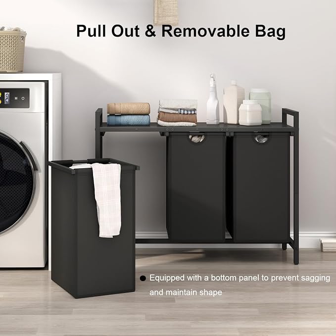 Laundry Hamper, Two -Color 3 Section Laundry Basket with 3 Removable Laundry Sorter Bags and Top Shelf, Clothes Hamper for Laundry Room, Bathroom - Image 5