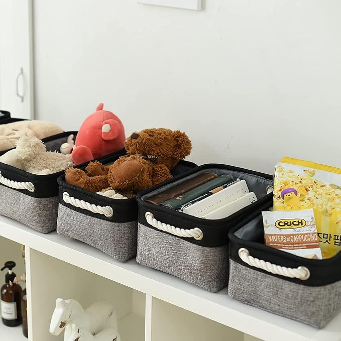 TheWarmHome Storage Basket for Organizing - 12x8x5.2 inch Small 6 Pack Collapsible Storage Bin for Shelves with Rope, Fabric Storage Cubes for Cloth Gift Toy Decorative Organizer (Black & Grey) - Image 5
