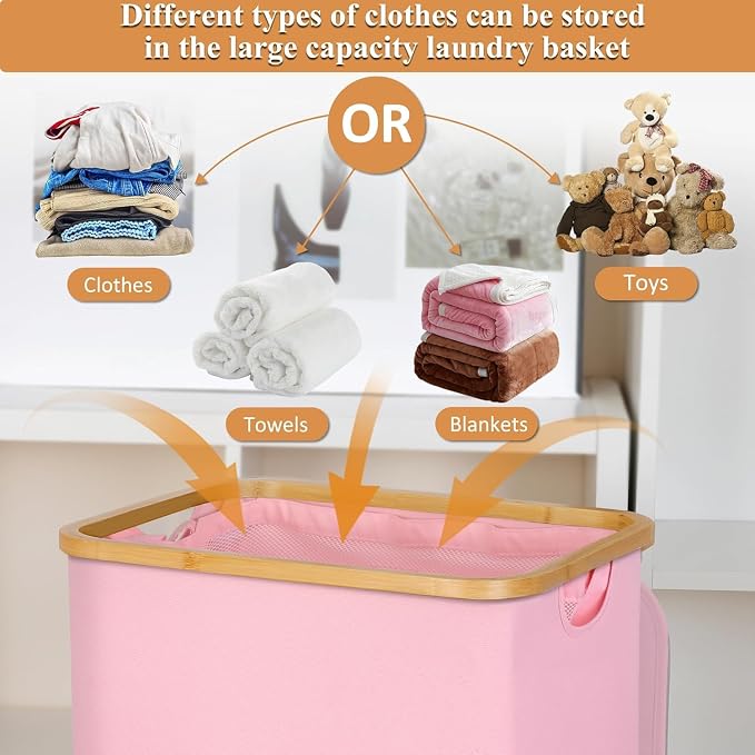 iEGrow Laundry Hamper, Narrow Laundry Basket with Lid,Foldable Clothes Hamper with Bamboo Handles,Hamper Basket with Removable Inner Bag for Laundry Room Bedroom College Dorm (Pink, 110L with Wheels) - Image 3