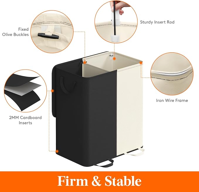 Lifewit Double Laundry Hamper with Lid and Removable Laundry Bags, Large Collapsible 2 Dividers Dirty Clothes Basket with Handles for Bedroom Laundry Room Closet Bathroom College, 155L White&Black - Image 2