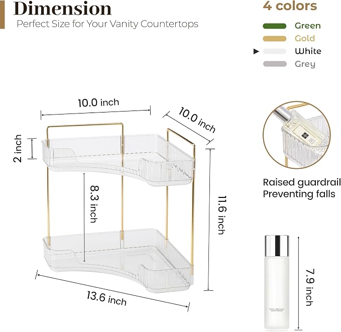 Aveniee Corner Bathroom Counter Organizer, Bathroom Countertop Shelf Makeup Organizer for Vanity Perfume Tray for Corner Storage (2 Tiers, White) - Image 5