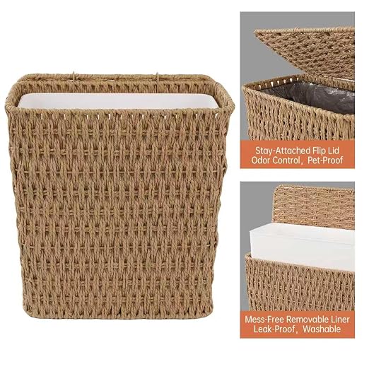 Coeusy 3 Gallon Paper Rope Bathroom Trash Can,Small Wicker Trash Cans with Lid and Liner,Woven Rattan Narrow Waste Basket for Bedroom,Office,Natural - Image 7