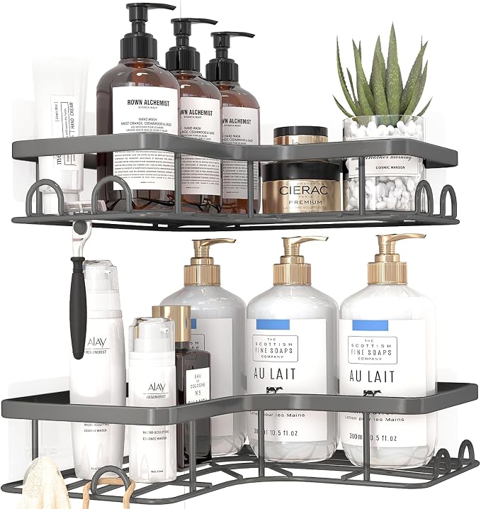 Sakugi Corner Shower Caddy - 2 Pack, Adhesive Shower Organizers, Rustproof Stainless Steel Shower Shelves with 8 Hooks, No Drilling Bathroom Organizers and Storage Racks, Space-Saving, Grey, Medium - Image 3