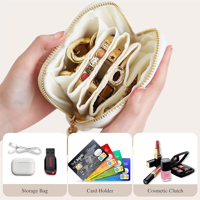 Stratalife Travel Jewelry Case Organizer for Women Portable Jewelry Box with Small Pouches for Gemstones Healing Crystal Bracelets, Necklace Bangles Storage, Pendants Ring Holder Zipper, White Tassel - Image 3