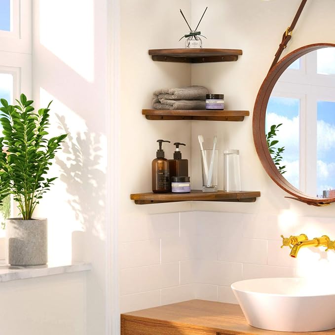 Corner Shelves, Floating Corner Shelf, Set of 3 Solid Oak Wood Corner Wall Shelves, Round End with Wire Hole Shelving for Small Plant for Bedroom Kitchen, Living Room (Size 9/10/12in) - Image 6