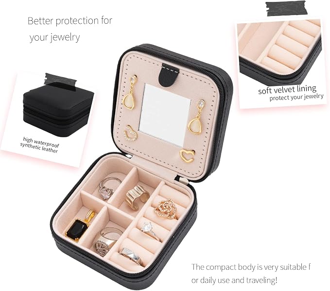 KElofoN Travel jewelry case Travel jewelry box Travel Jewelry Organizer Small Jewelry Organizer Box Gift for Girls Women with Mirror(Black) - Image 3