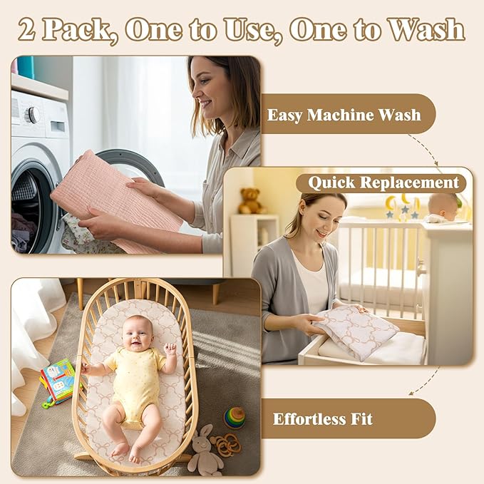 Basumee Muslin Bassinet Sheets for Baby Girl Boy 2 Pack Soft Breathable Baby Bedside Bassinet Fitted Sheets with Bottom Elastic Band Mattress Cover for Rectangle Oval Hourglass Bassinets