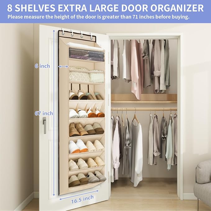 FENTEC 1 Pack Over The Door Shoe Organizer, 68" Exlarge Deep Pockets Hanging Shoe Organizers, 8-Tier Shoe Rack for Closet, Shoe Holder for Boots,Over Door Organizer in Home, RV, Dorm, Beige - Image 4